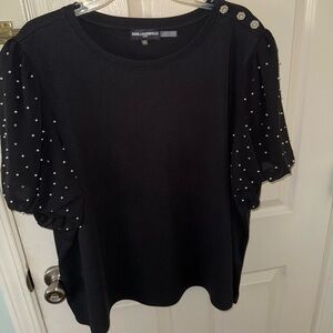 Karl Lagerfeld Paris Pearl Embellished Puff Sleeve Top Black 3X EUC